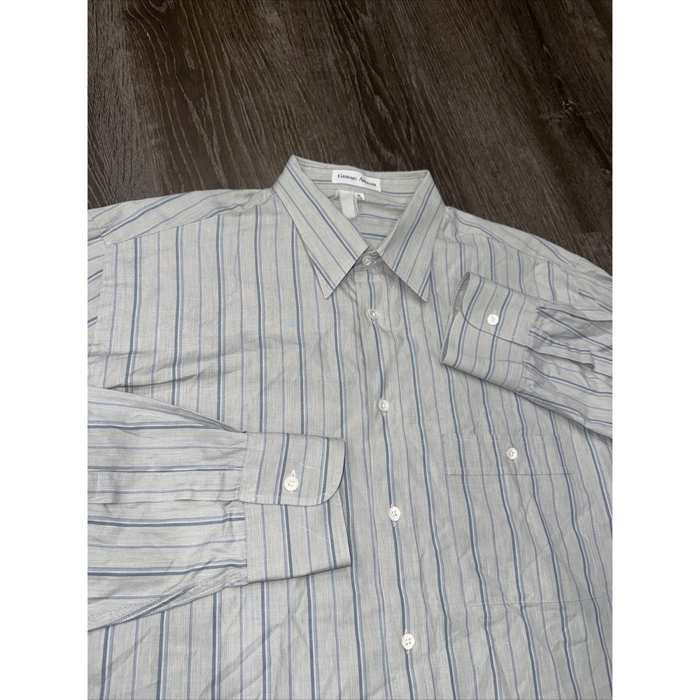 Vtg 80s Giorgio Armani Striped Button Shirt Pocket Italy Point Collar 16 L/s